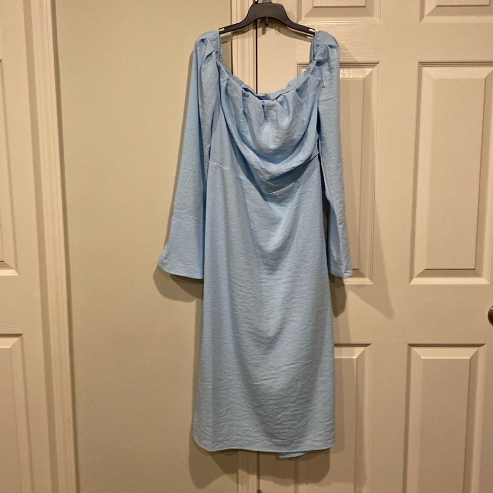 Future collective baby blue midi off the shoulder dress